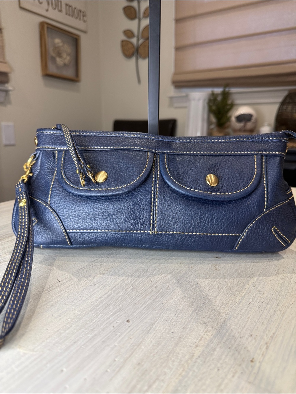 Navy Y2K Vintage Leather Wristlet Clutch with Gold Accents